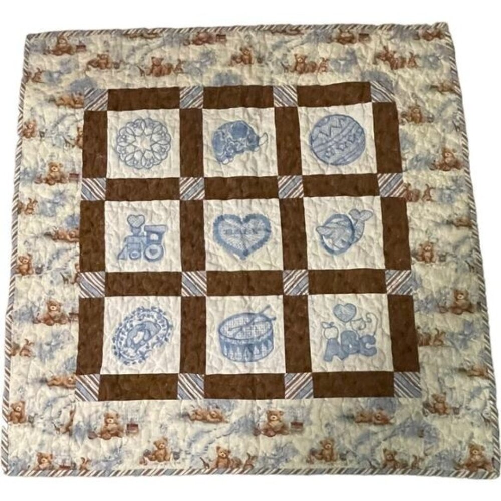 Vintage Baby Quilt With Teddy Bear & Blue Embroidery Design